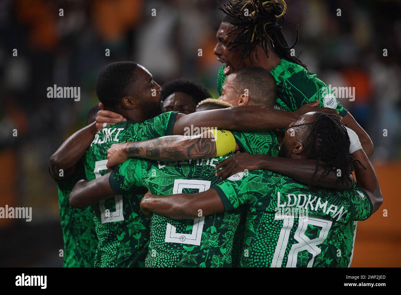 Abidjan, Ivory Coast. January 27, 2024. Round of 16.Nigerian players celebrate Ademola Lookman's goal. Stock Photo
