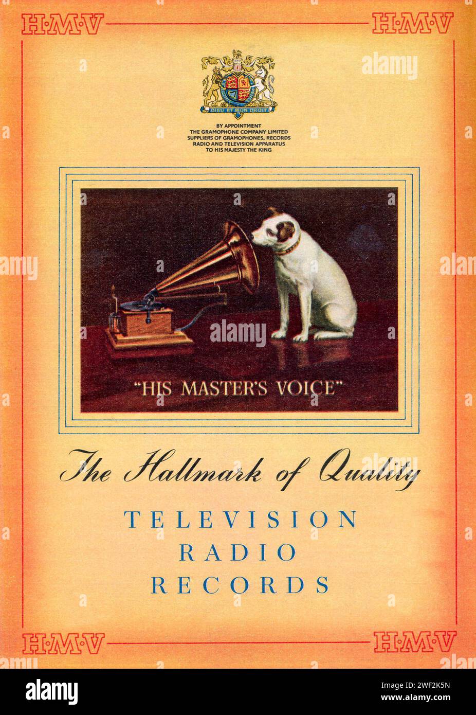 Vintage His Masters Voice HMV gramophone and dog advertisment Stock Photo