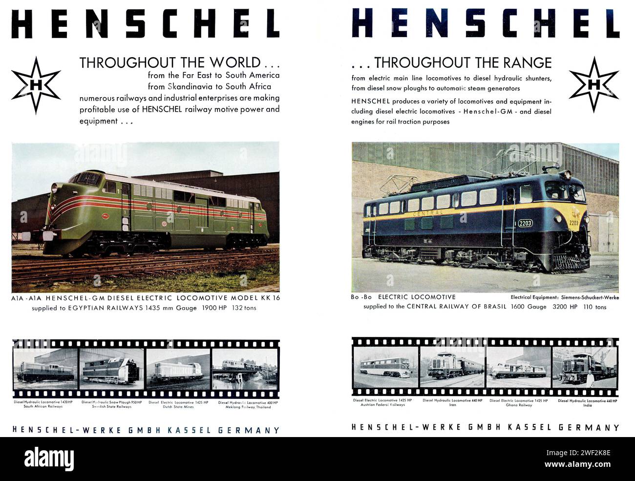 A vintage advert for Henschel diesel locomotives, made in Germany, in World Railways directory 1961 Stock Photo