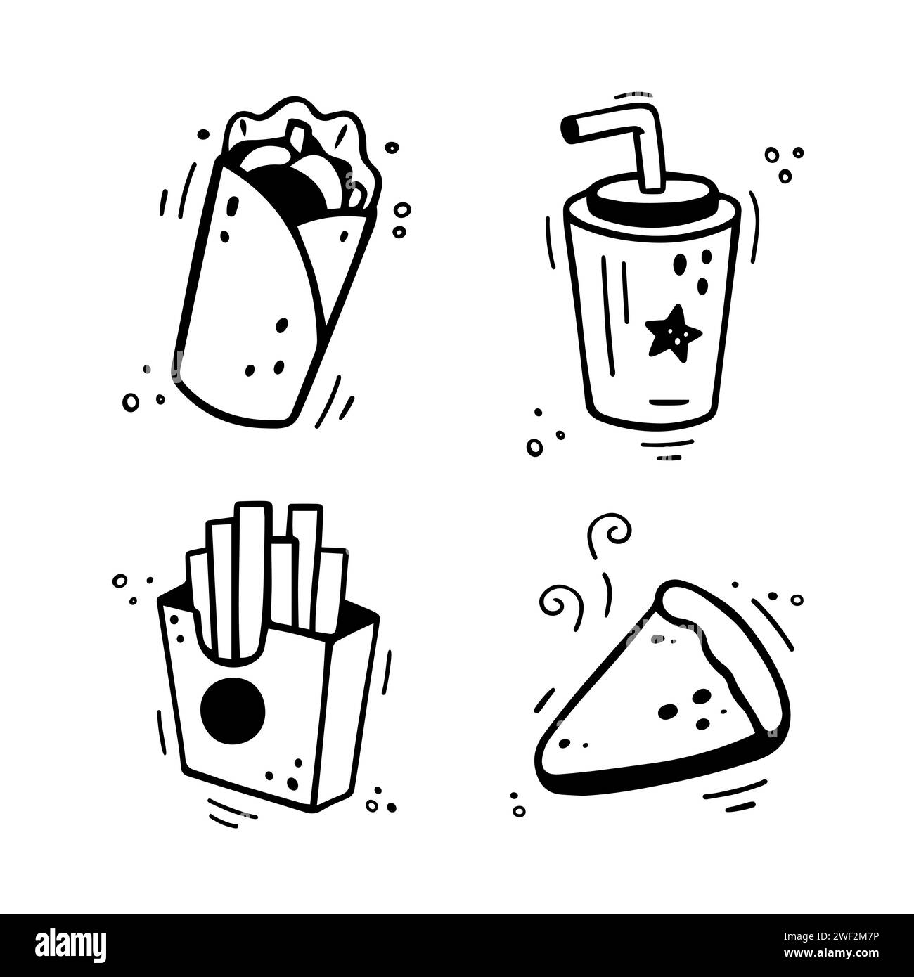 Fast food icons set - shawarma, burrito, French fries, paper cup with drink, pie, cake, tart, cheesecake Hand drawn fast food combo. Comic doodle sketch style. Vector illustration Stock Vector
