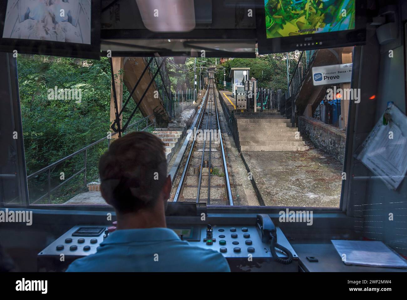 View from the driver's cabin of the funicular funicolare Zecca Righi to