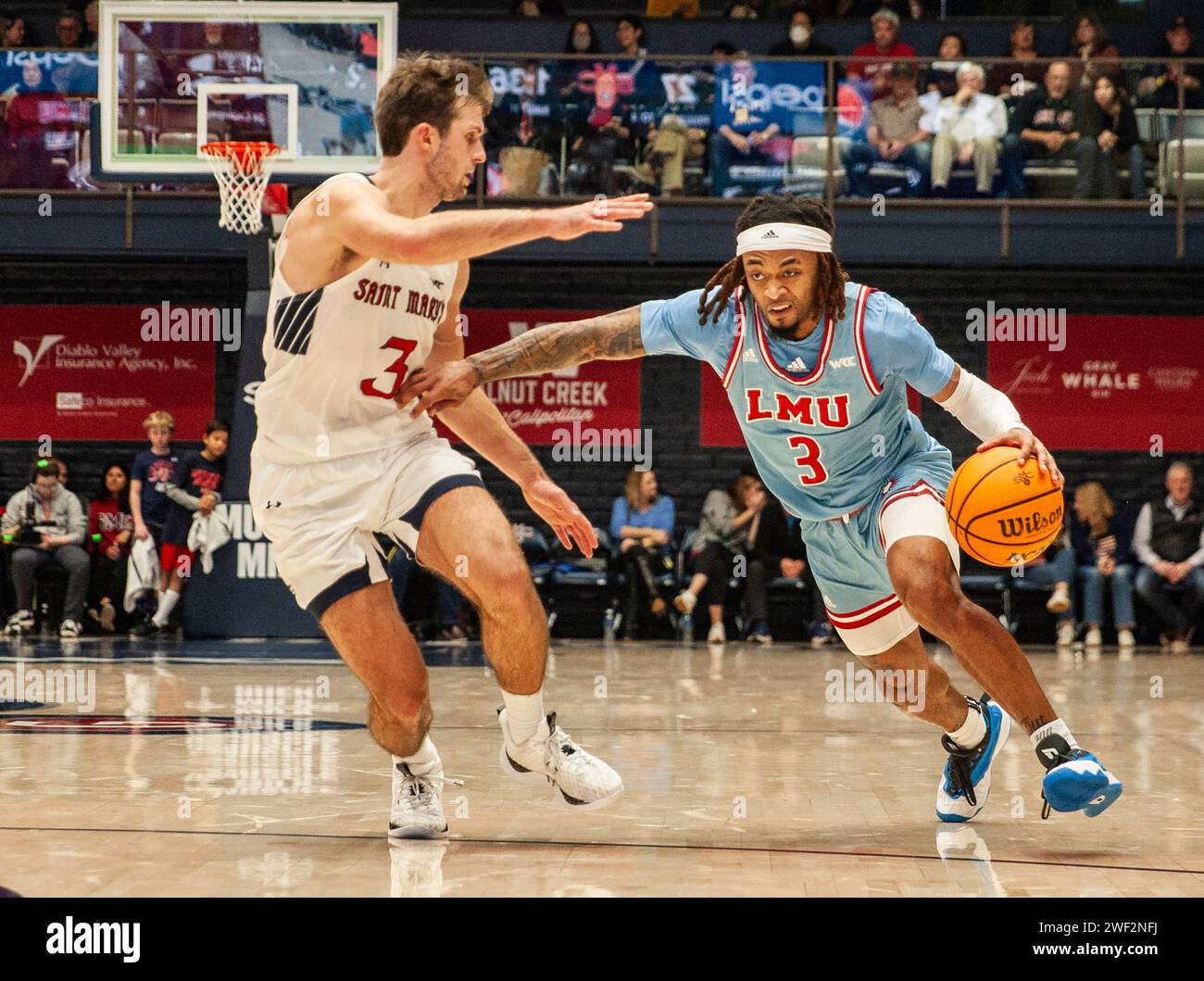 Dominick Harris January 27 2024 Moraga CA, U.S.A. Loyola Marymount guard Justice Hill ...