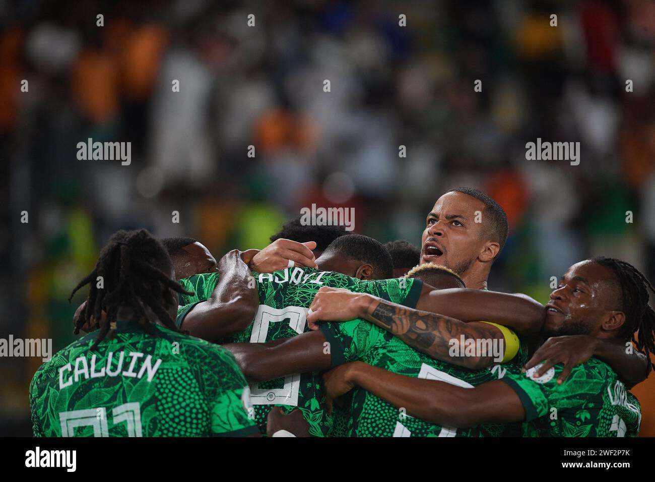 Abidjan, Ivory Coast. January 27, 2024. Round of 16. Nigerian players celebrate Ademola Lookman's goal. Stock Photo