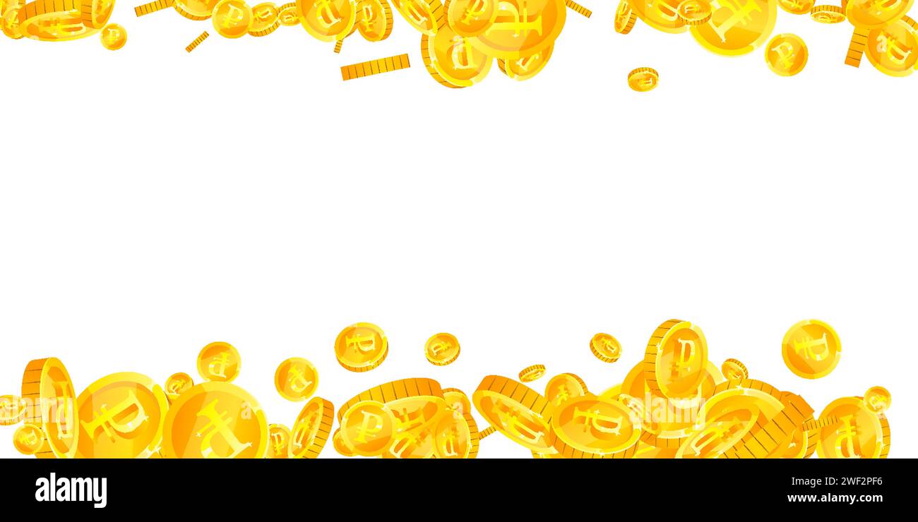 Russian ruble coins falling. Scattered gold RUB coins. Russia money ...
