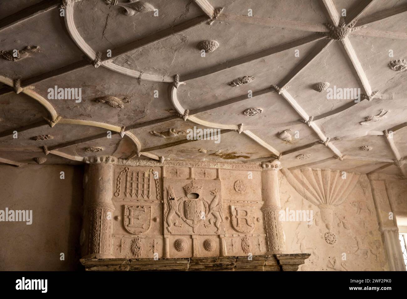 UK, Wales, Gwynedd, Conwy (Conway), town centre, C16th Plas Mawr, parlour, plaster fireplace decoration and ornate ceiling Stock Photo