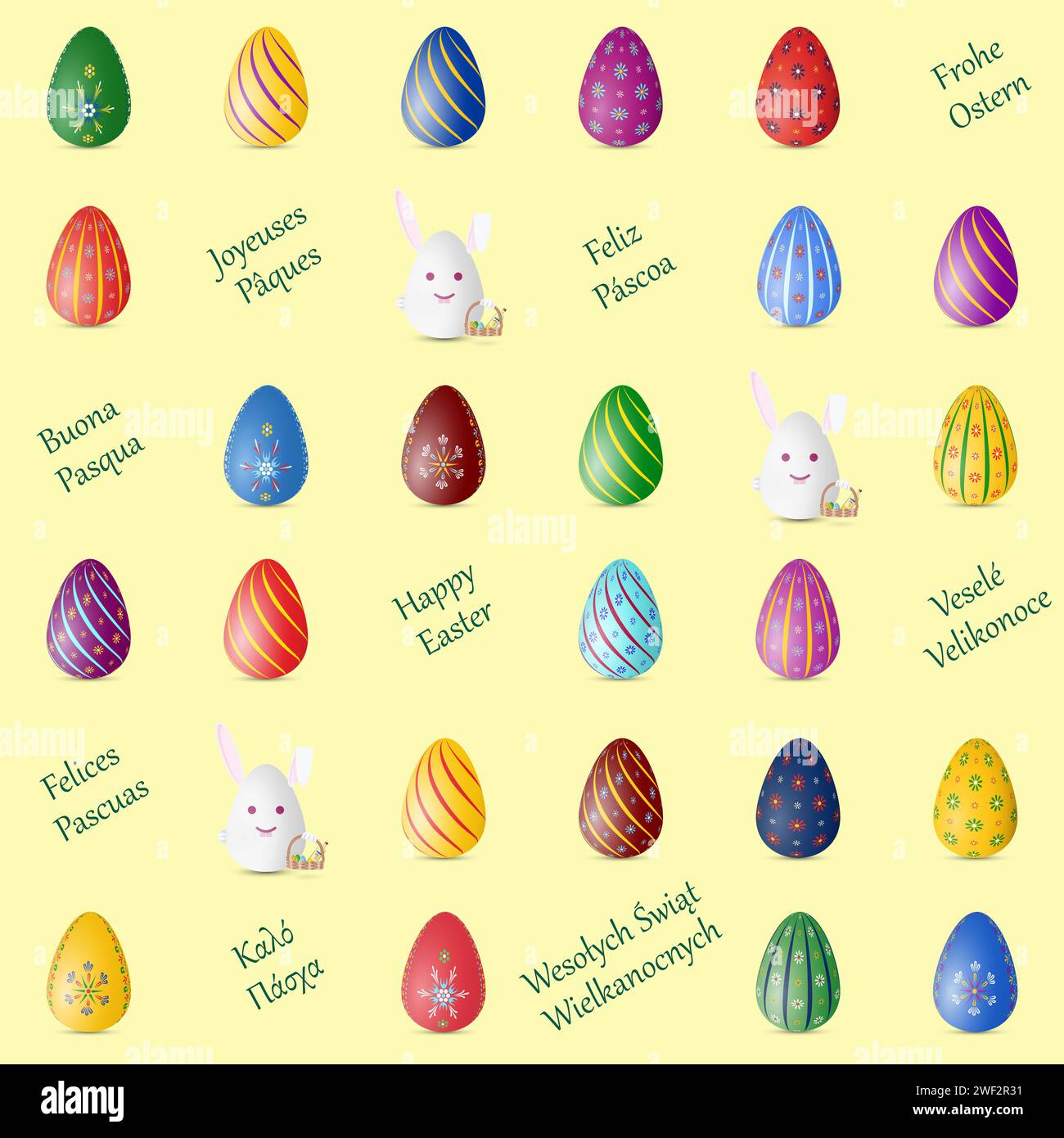 Seamless pattern with traditional Easter symbols, painted eggs, rabbits and yellow background, vector design. Stock Photo