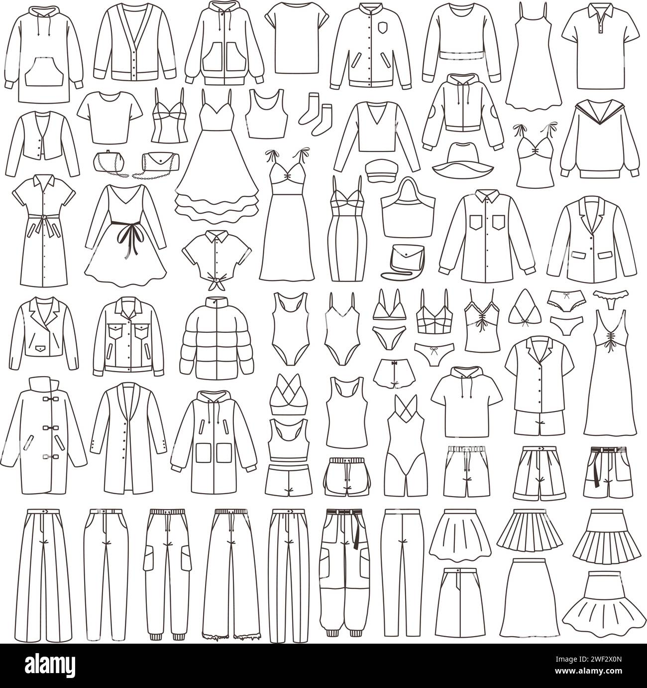 Different clothes in outline style. Woman clothing includes jackets, pants, hats, coat, sweaters