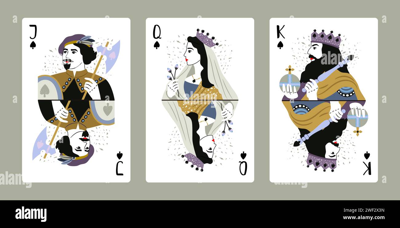 King, Queen, Jack of Spades, top role of cards. Vector of game set to
