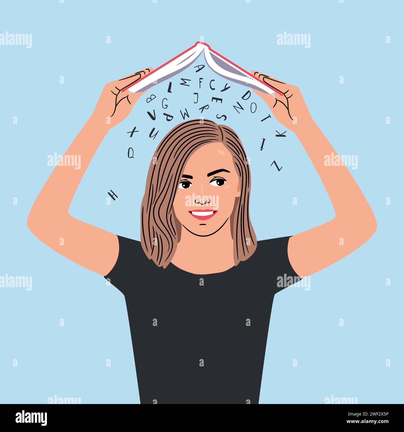 Young woman holds an open book above her head. Letters spill out of the