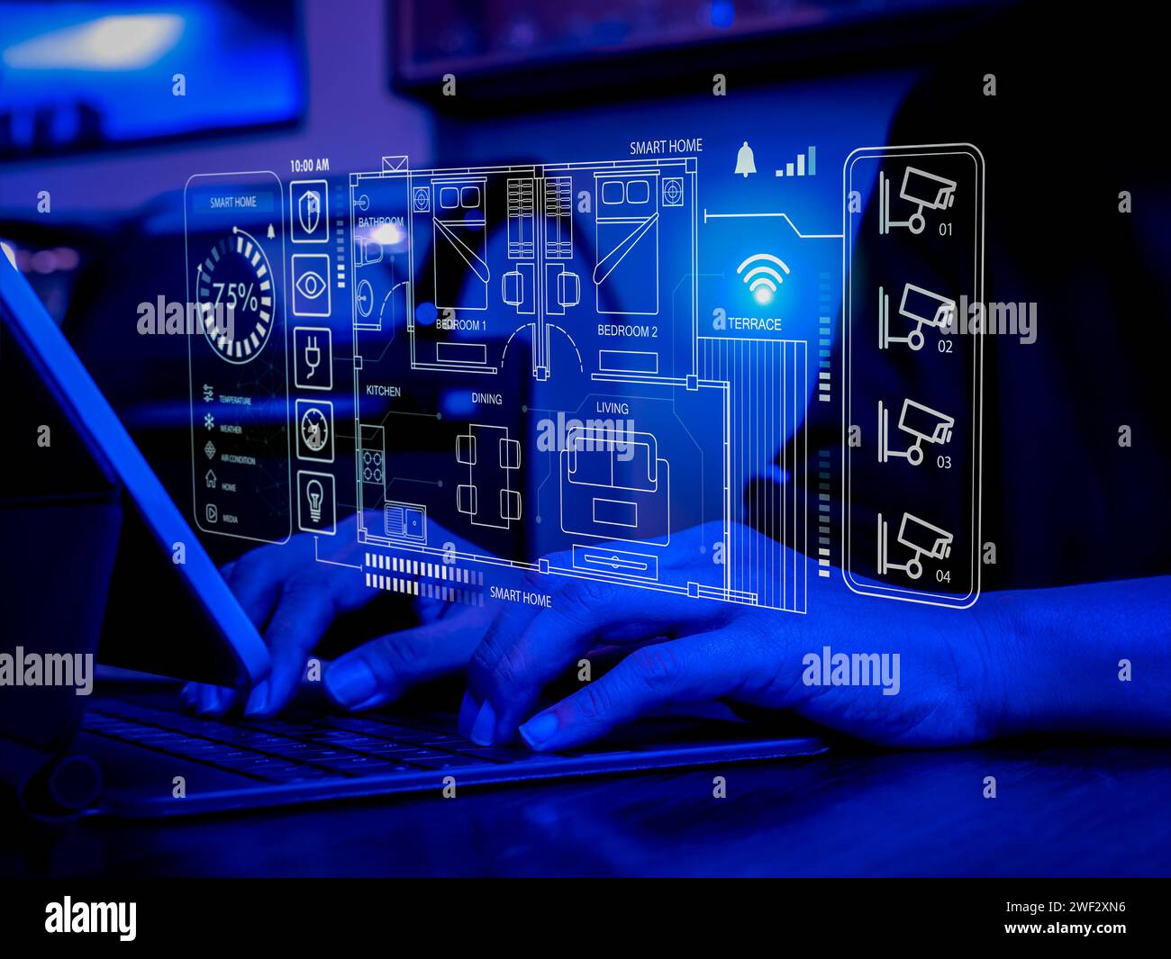Smart home technology concept. Virtual interface of digital house floor ...