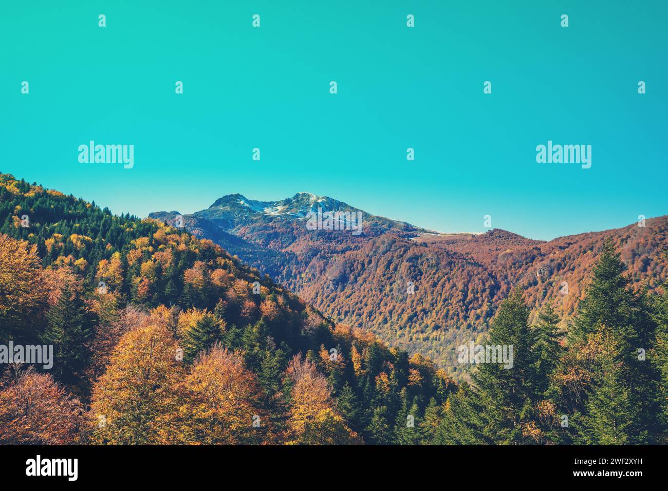 Mountain landscape on an autumn sunny day. View of mountains slopes. Ski resort Station Les Monts d'Olmes France Europe Stock Photo