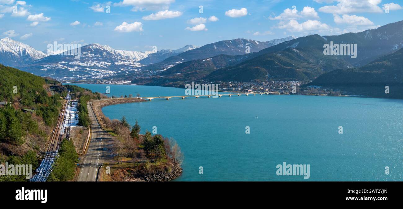 View of Serre-Poncon mountain lake in winter in Hautes Alpes, France Stock Photo