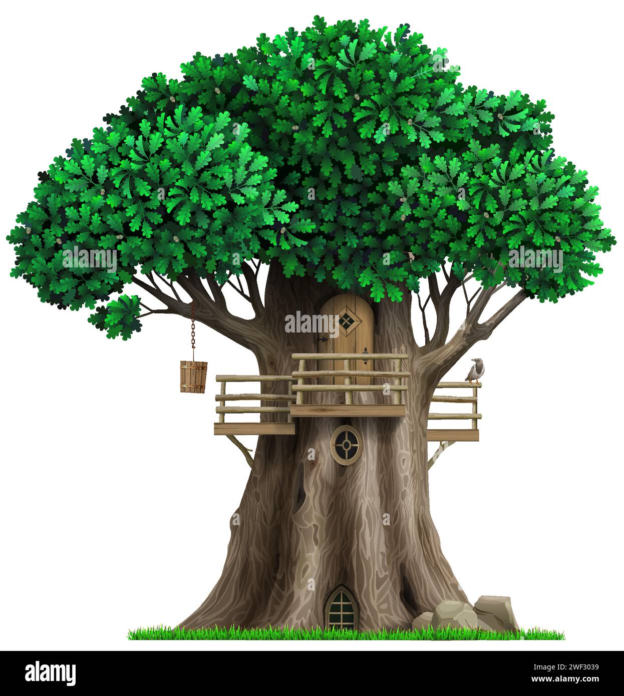 Fabulous oak tree in the form of a house. Vector graphics. Tree house Stock Vector