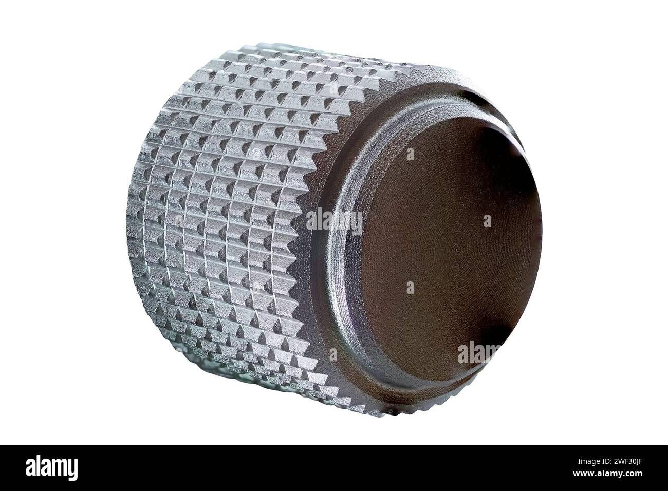 detailed macro shot of metallic knob isolated over white background, focuk stacking Stock Photo
