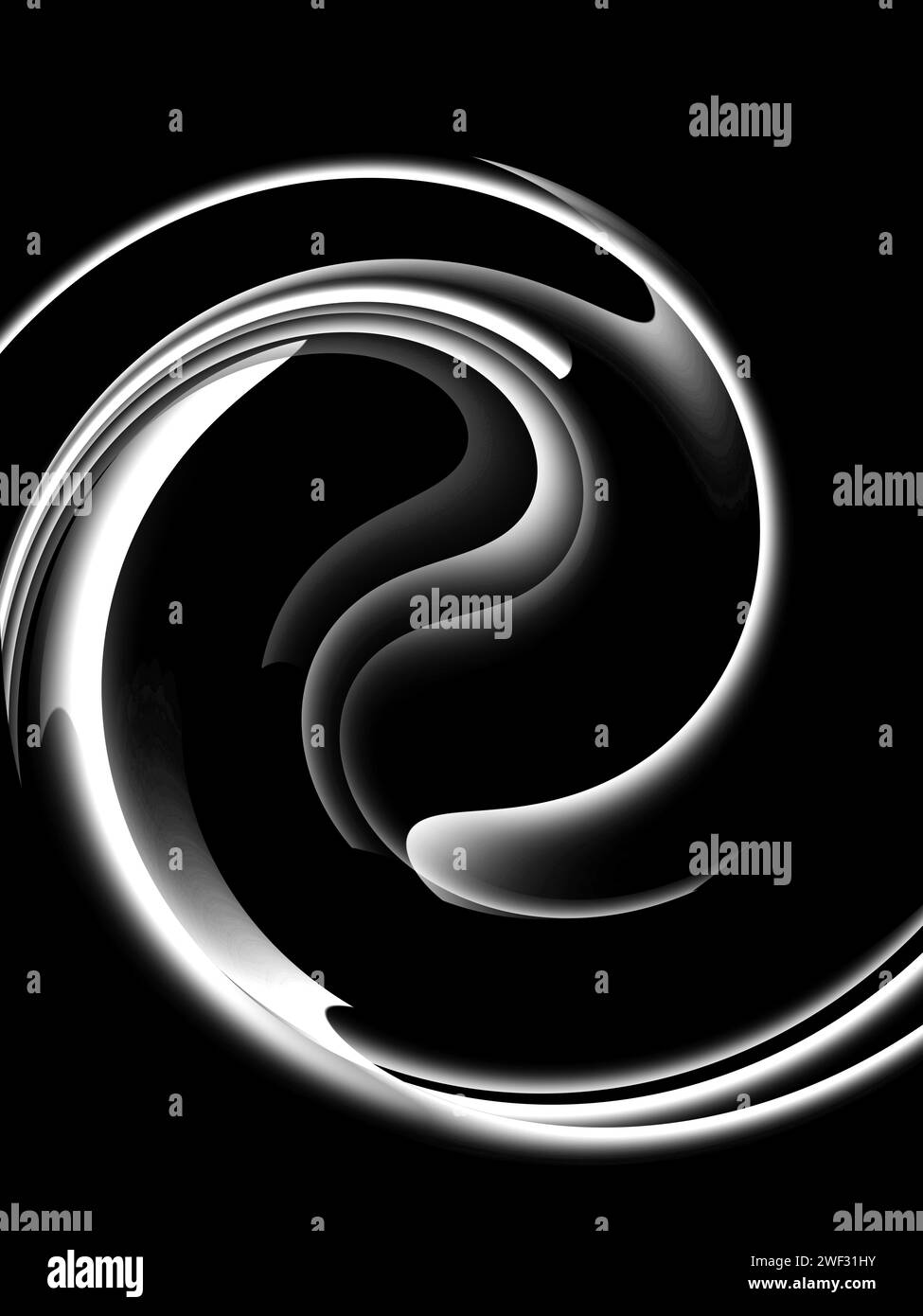 Fluorescent white modern swirl pattern on black background Stock Photo