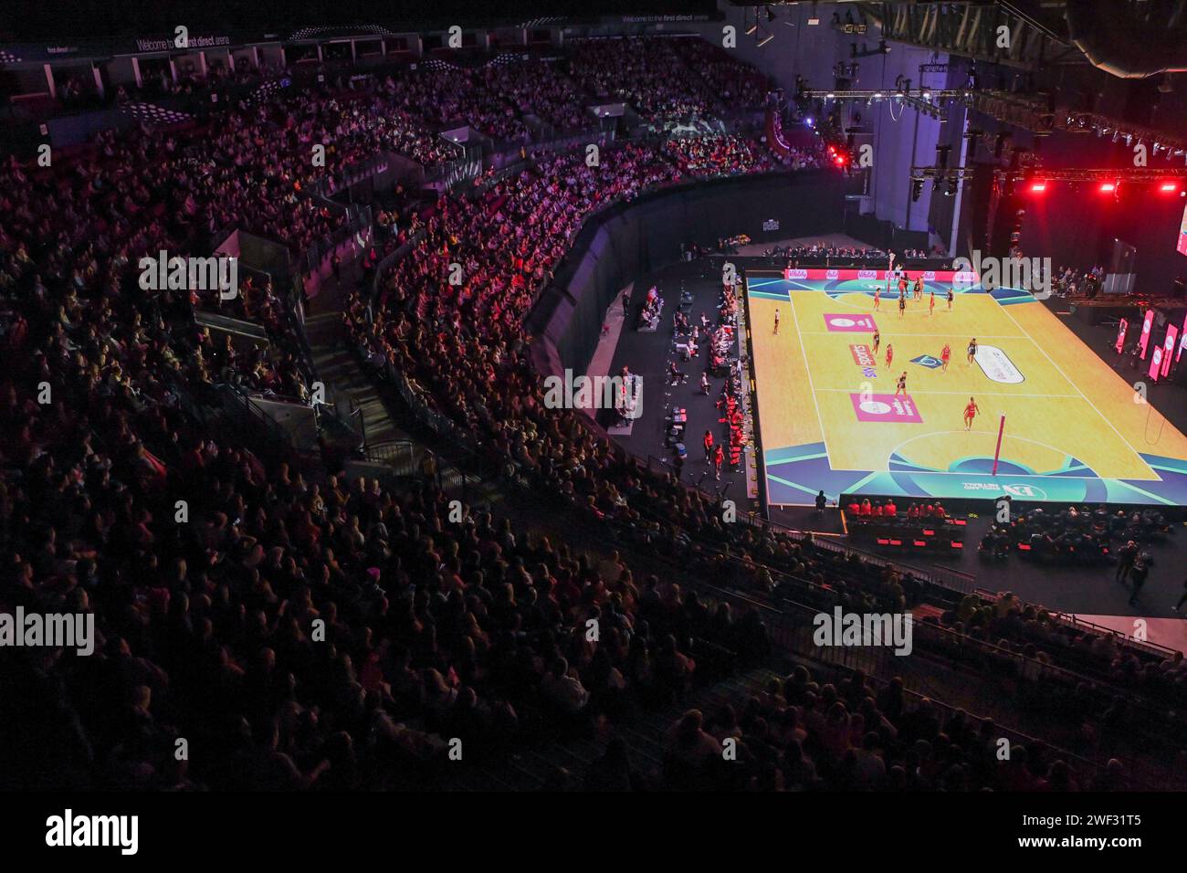 Leeds, UK. 27th Jan, 2024. Picture by Olly Hassell/SWpix.com - 27/01/2024 - Netball - Vitality Netball Nations Cup 2024 - Vitality Roses v New Zealand Silver Ferns - the First Direct Arena, Leeds, England - A general view (gv) of the First Direct Arena during the match between England Roses v New Zealand Silver Ferns Credit: SWpix/Alamy Live News Stock Photo