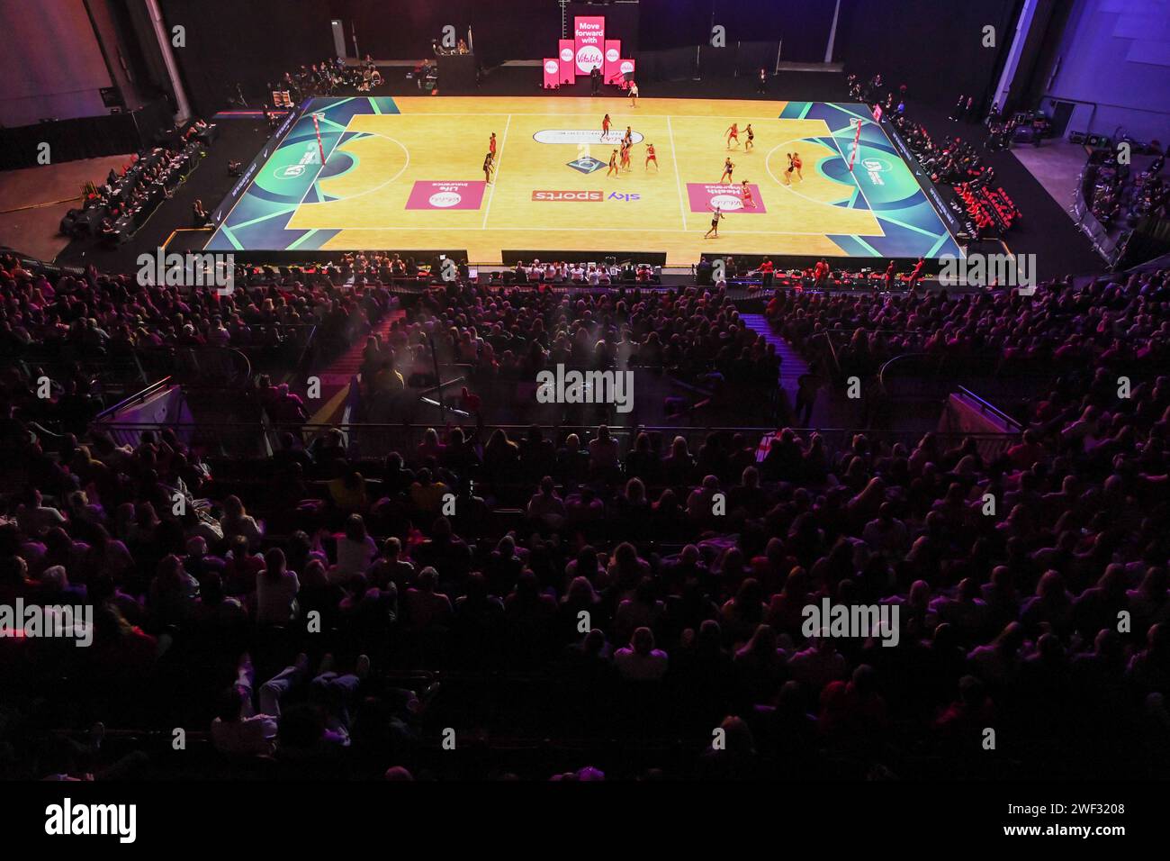 Leeds, UK. 27th Jan, 2024. Picture by Olly Hassell/SWpix.com - 27/01/2024 - Netball - Vitality Netball Nations Cup 2024 - Vitality Roses v New Zealand Silver Ferns - the First Direct Arena, Leeds, England - A general view (gv) of the First Direct Arena during the match between England Roses v New Zealand Silver Ferns Credit: SWpix/Alamy Live News Stock Photo