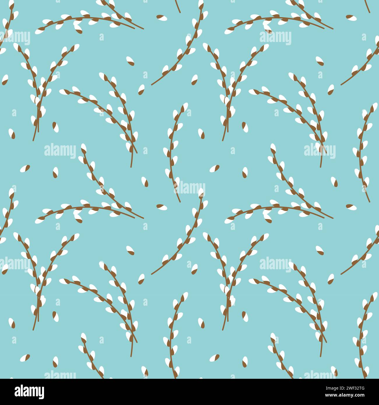 Vector image features repeating pattern of stylized willow branch on blue backdrop, suggestive of fresh springtime theme. Stock Vector