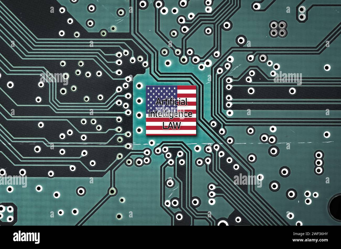 Flag of USA on a microprocessor, CPU or GPU microchip on a motherboard. AI Bill or Act Stock Photo