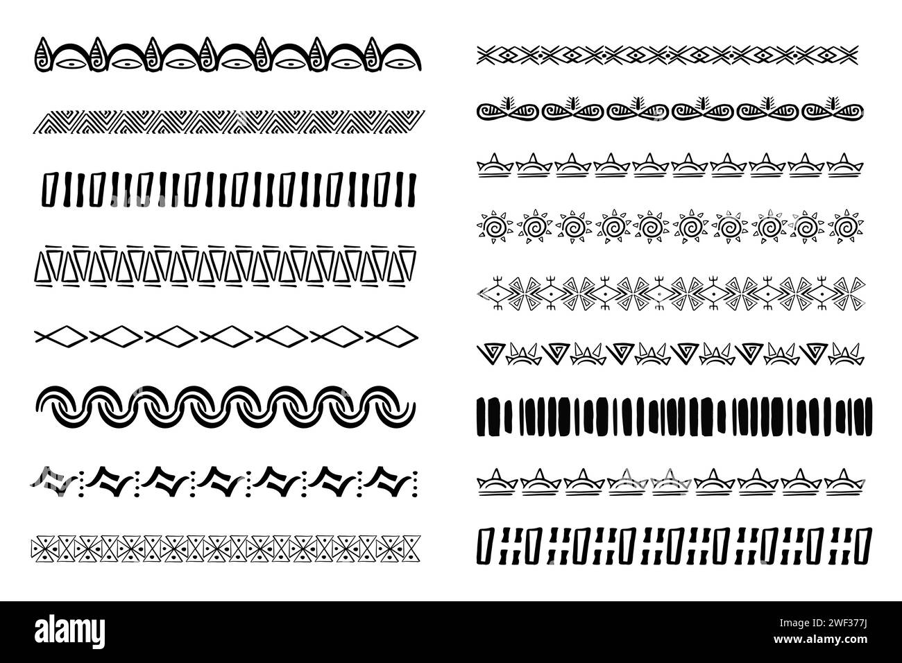 Set aztec tribal motive border in doodle hand drawn style from ...