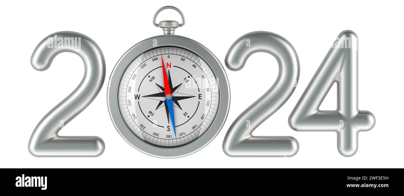 2024 concept with compass, 3D rendering isolated on white background