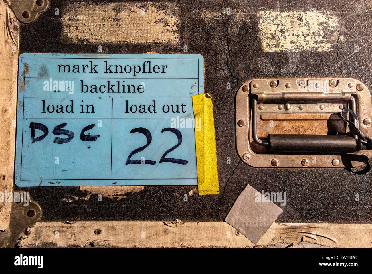 Well travelled flight cases belonging to Dire Strait's frontman Mark Knopfler, being sold for charity at auction along with 120 guitars. Stock Photo