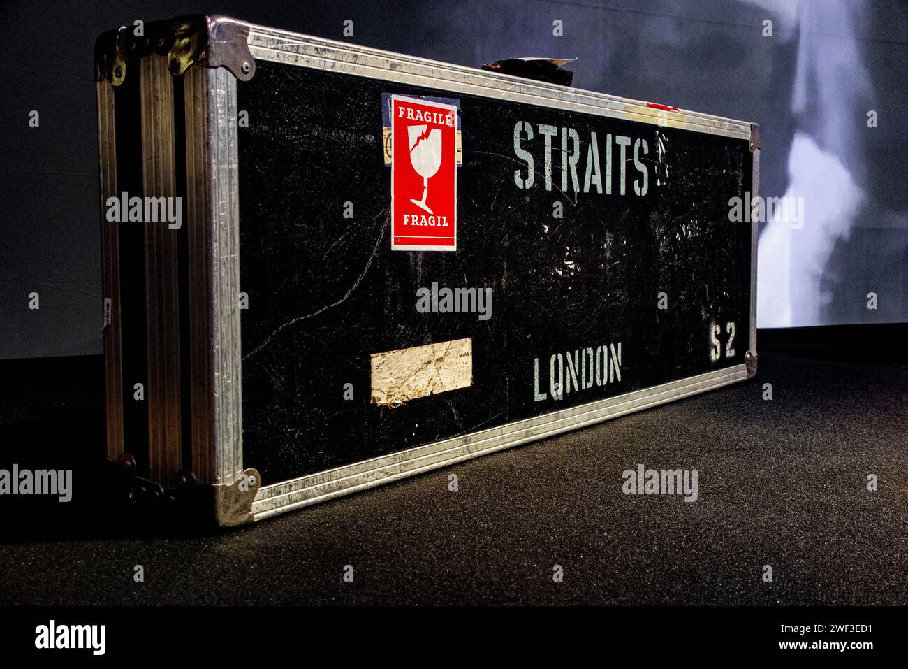 Well travelled flight cases belonging to Dire Strait's frontman Mark Knopfler, being sold for charity at auction along with 120 guitars. Stock Photo