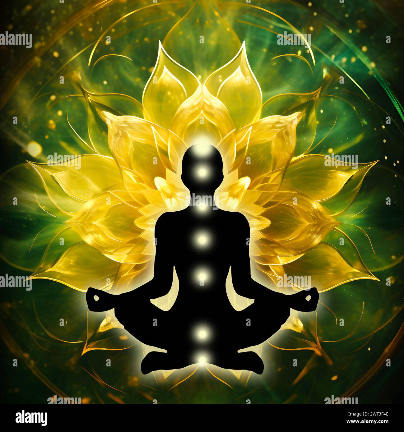 Solar plexus chakra meditation in yoga lotus pose, in front of Manipura