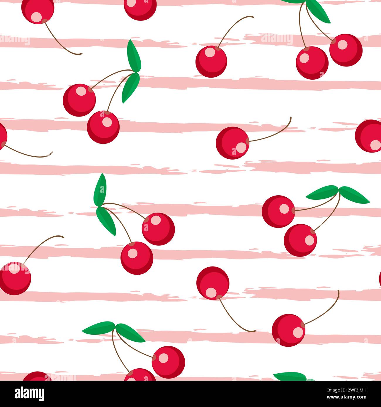 Vector seamless pattern with cherries and stripes. Summer fruit striped repeat pattern textile design, wallpaper, background. Stock Vector