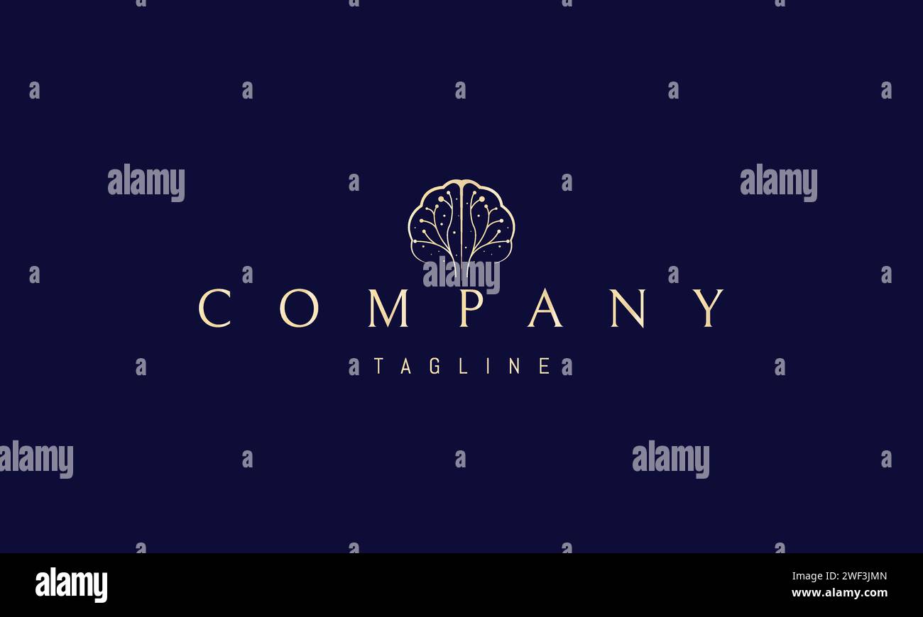 A vector golden logo with an abstract image of a brain with neurons in the form of a tree. Stock Vector