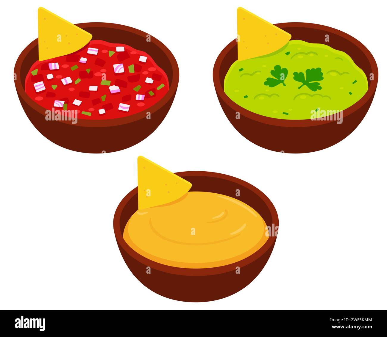 Mexican nachos and dip bowls cartoon drawing set. Tomato salsa, guacamole and cheese sauce. Isolated vector clip art illustration. Stock Vector