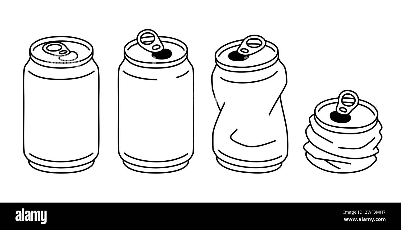 Crushed aluminum can outline drawing set. Simple black and white line art design. Vector illustration, hand drawn doodle. Stock Vector