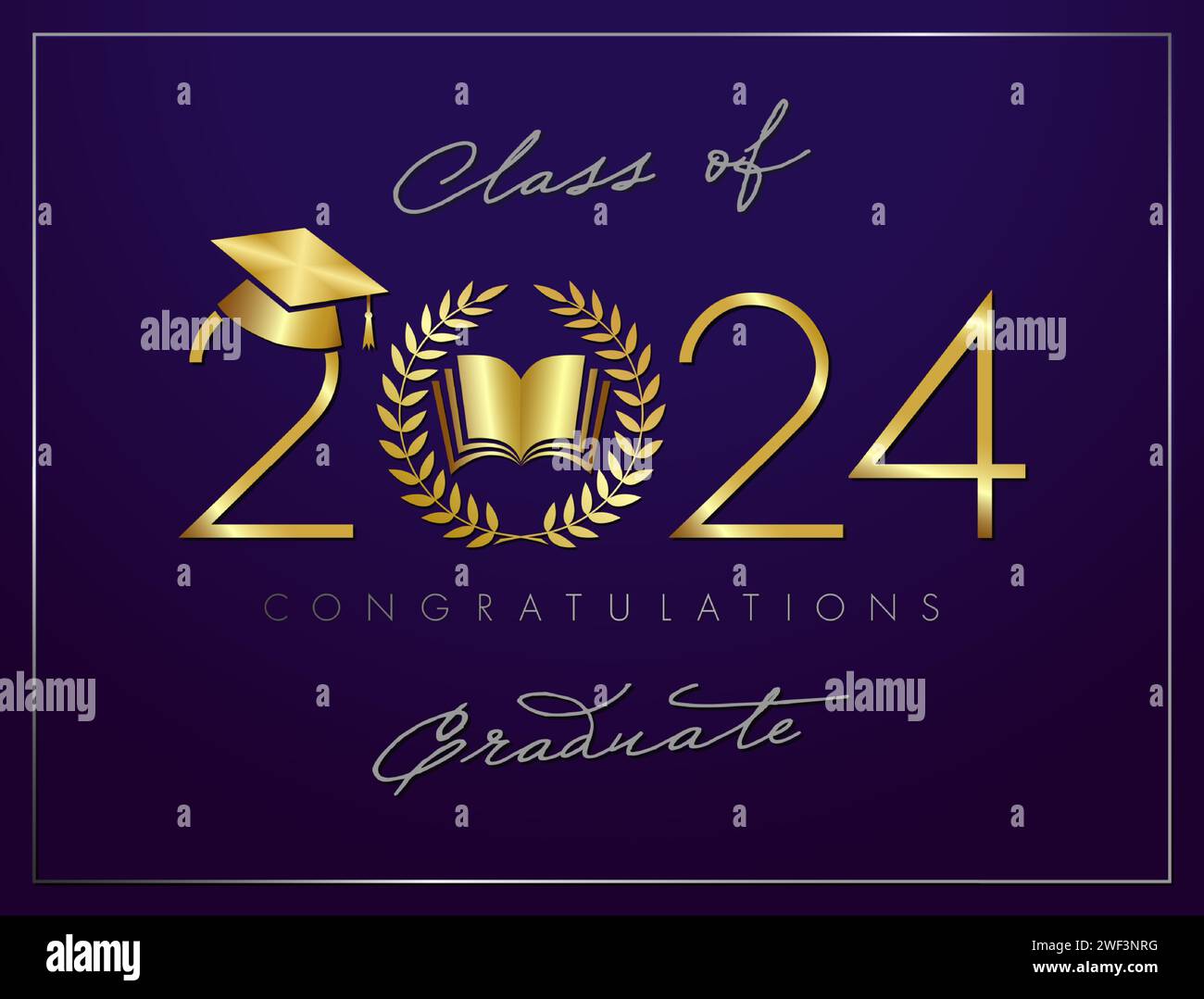 School certificate creative concept with golden and silver elements. Gold number 2024 with palm wreath, open book and graduating cap. Class of 2024 Stock Vector