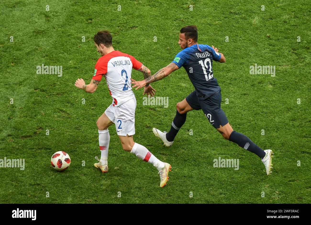 Moscow, Russia – July 15, 2018. Croatia national football team right-back Sime Vrsaljko and France midfielder Corentin Tolisso during World Cup 2018 f Stock Photo