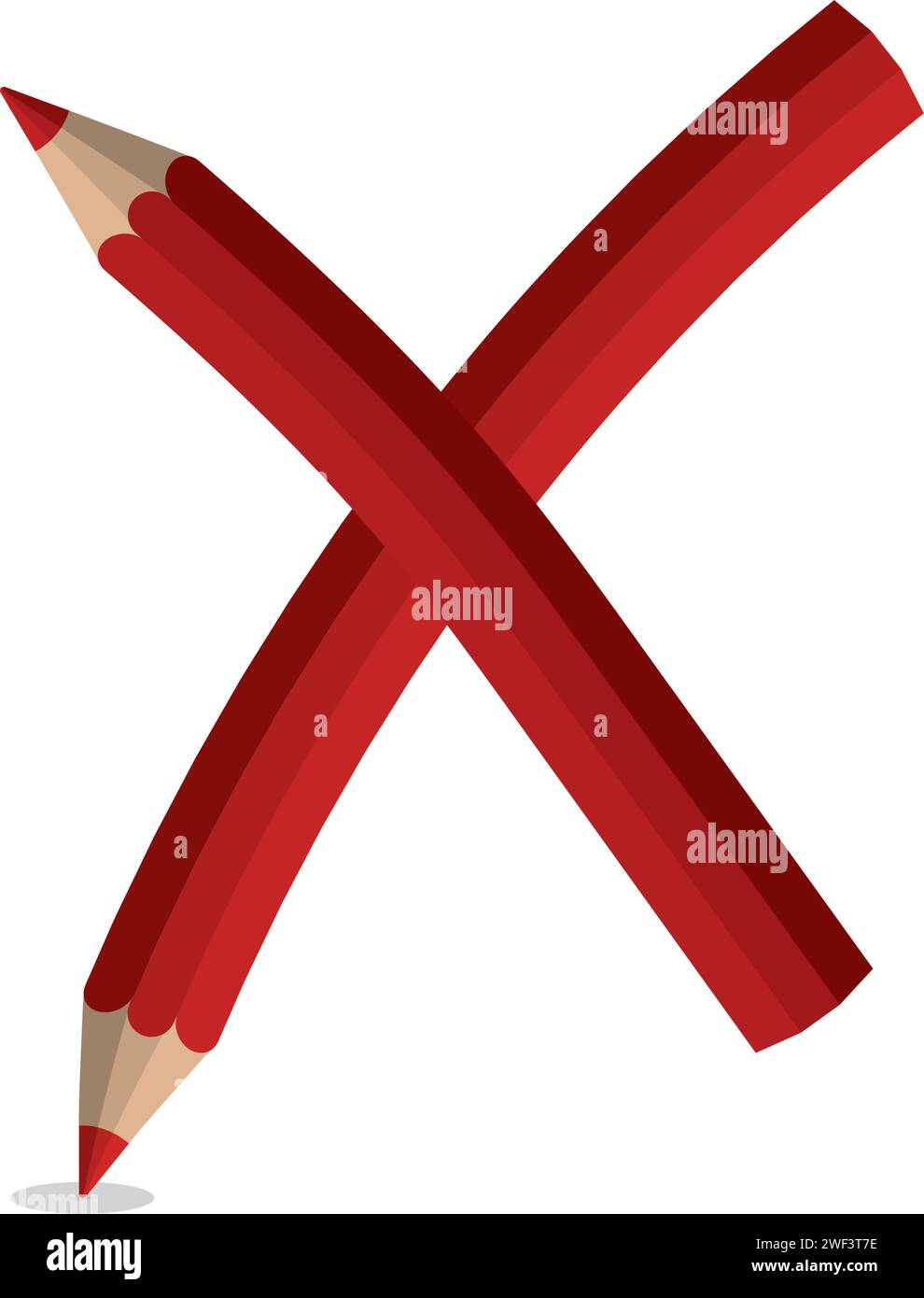 An educational concept illustration of two red pencils crossed to form an ‘X’, symbolizing the challenges and learning from errors in education Stock Vector