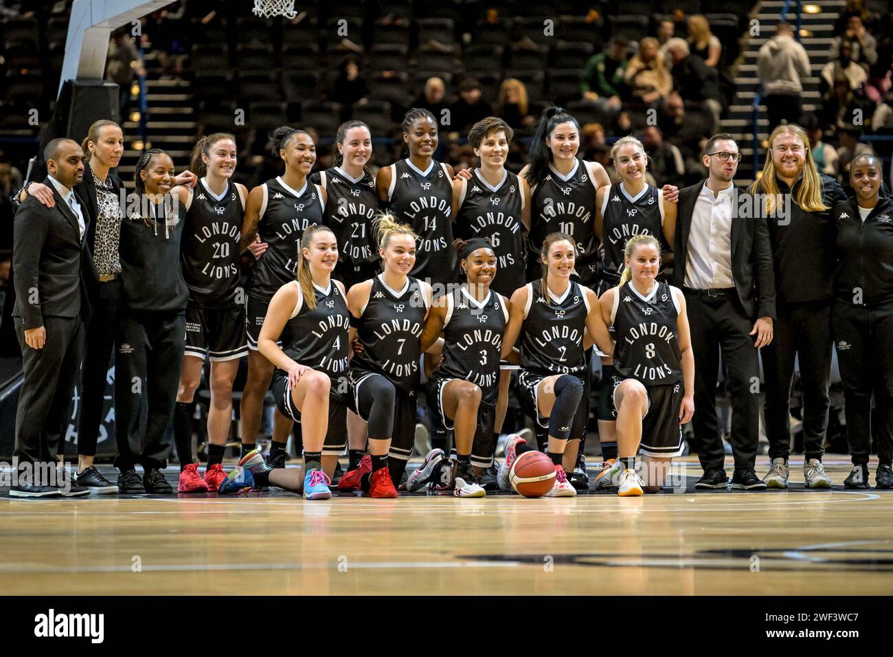 Birmingham, UK. 28th Jan, 2024. London Lions line up before the BBL Trophy Final at the Utilita Arena, Birmingham, UK on 28 January 2024. Photo by Phil Hutchinson. Editorial use only, license required for commercial use. No use in betting, games or a single club/league/player publications. Credit: UK Sports Pics Ltd/Alamy Live News Stock Photo