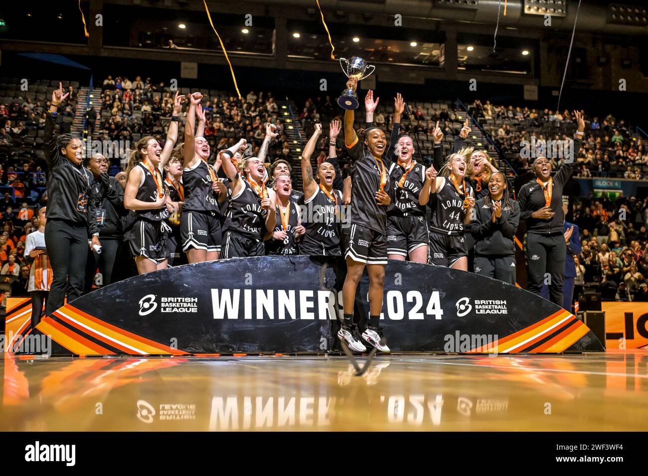 Birmingham, UK. 28th Jan, 2024. London Lions celebrate winning the