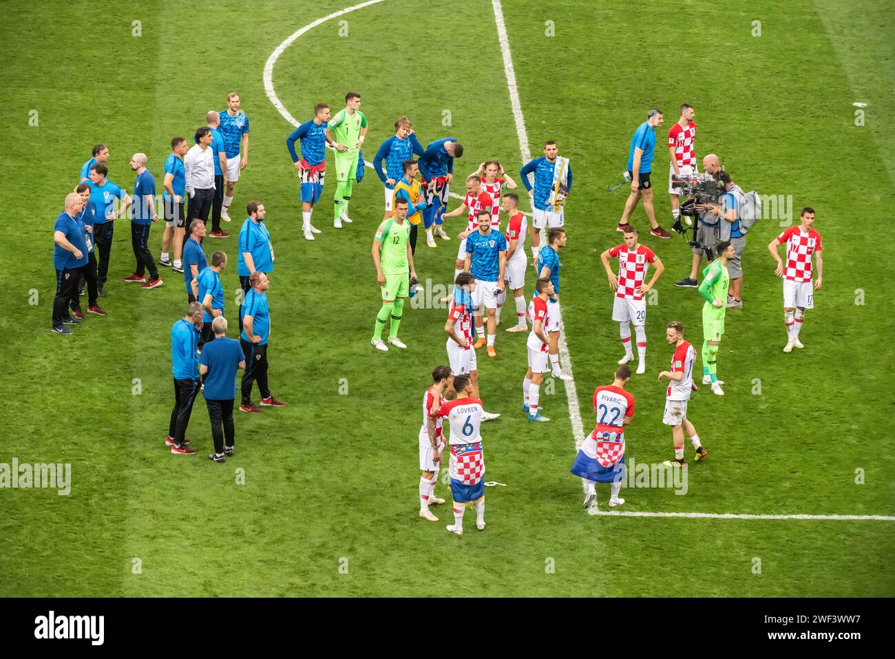 Moscow, Russia – July 15, 2018. Players and coaches of Croatia national football team after defeat in World Cup 2018 final match France vs Croatia (4- Stock Photo