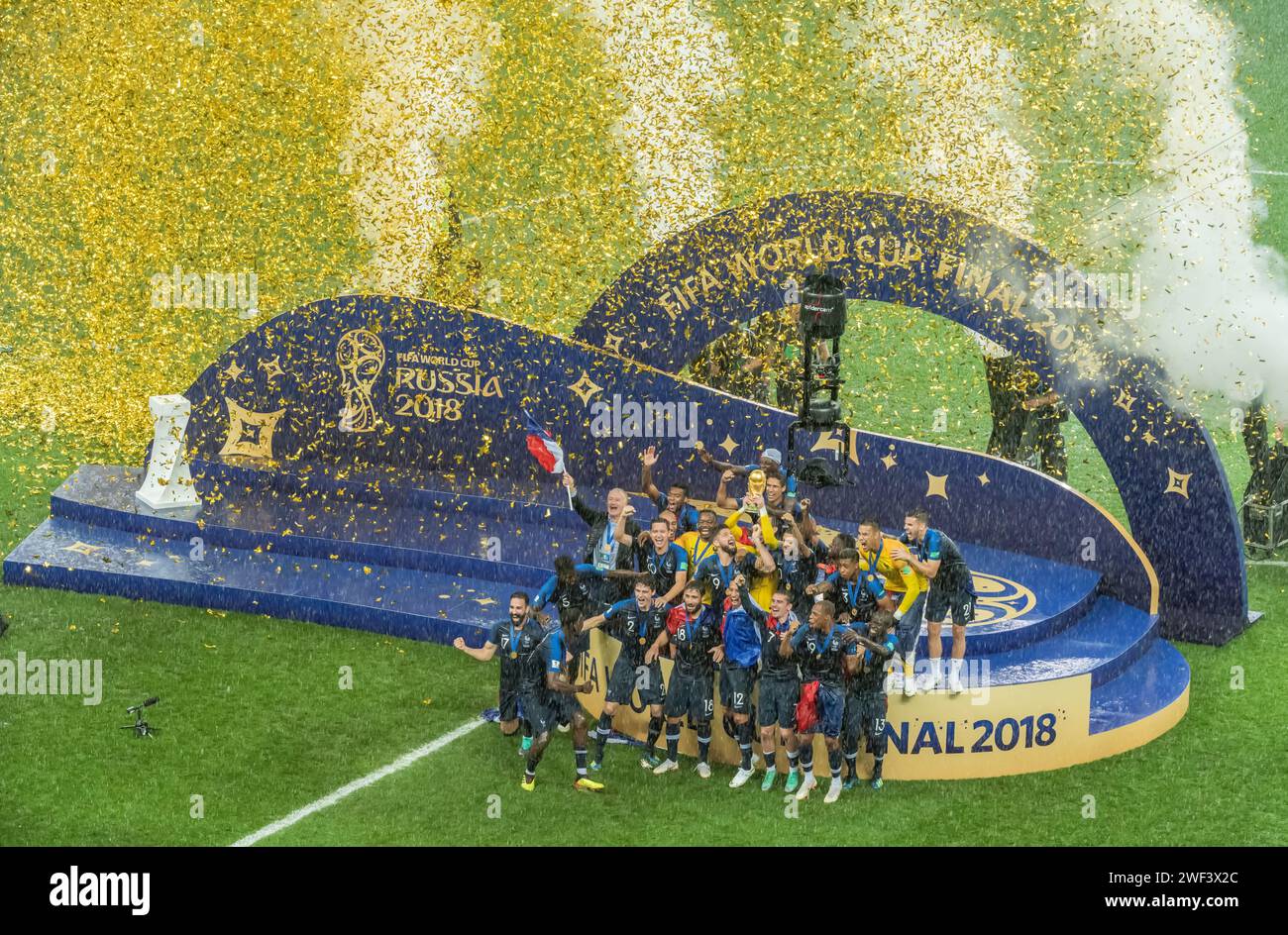 Moscow, Russia – July 15, 2018. World Cup champions France with the trophy after the World Cup final match. Stock Photo