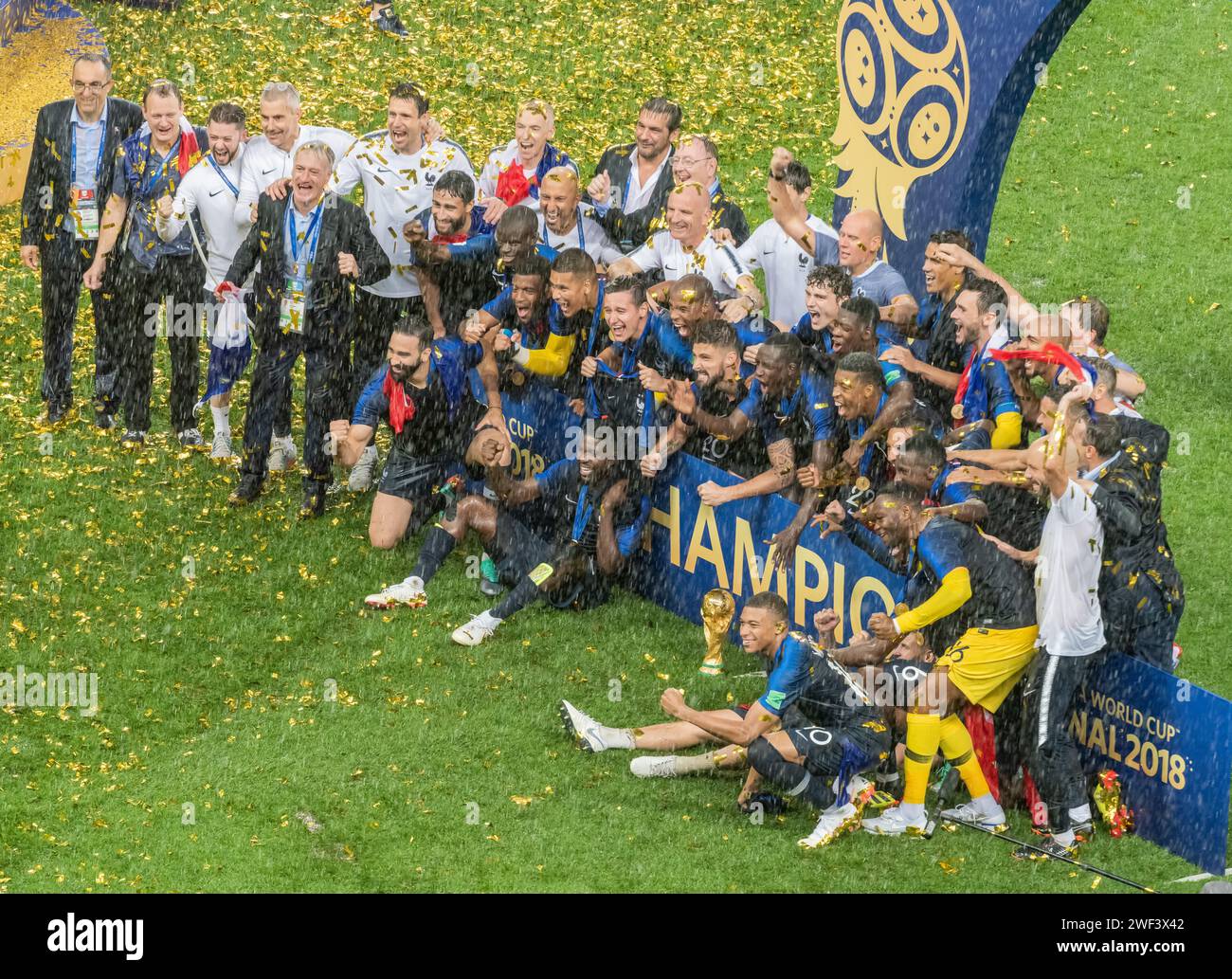 Moscow, Russia – July 15, 2018. World Cup champions France with the trophy after the World Cup final match France vs Croatia (4-2). Stock Photo