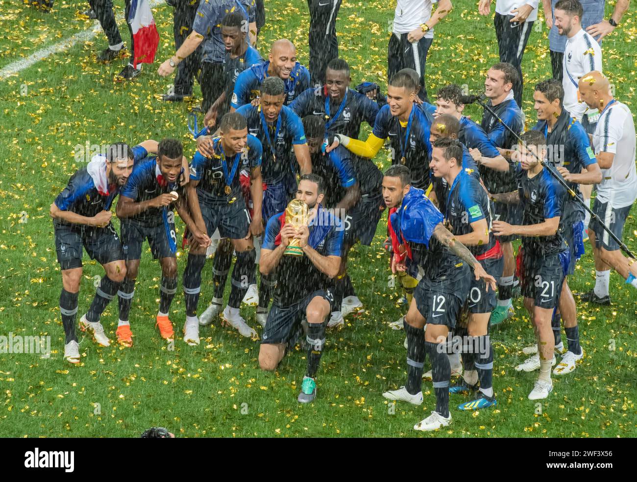 Moscow, Russia – July 15, 2018. World Cup champions France with the trophy after the World Cup final match France vs Croatia (4-2). Stock Photo