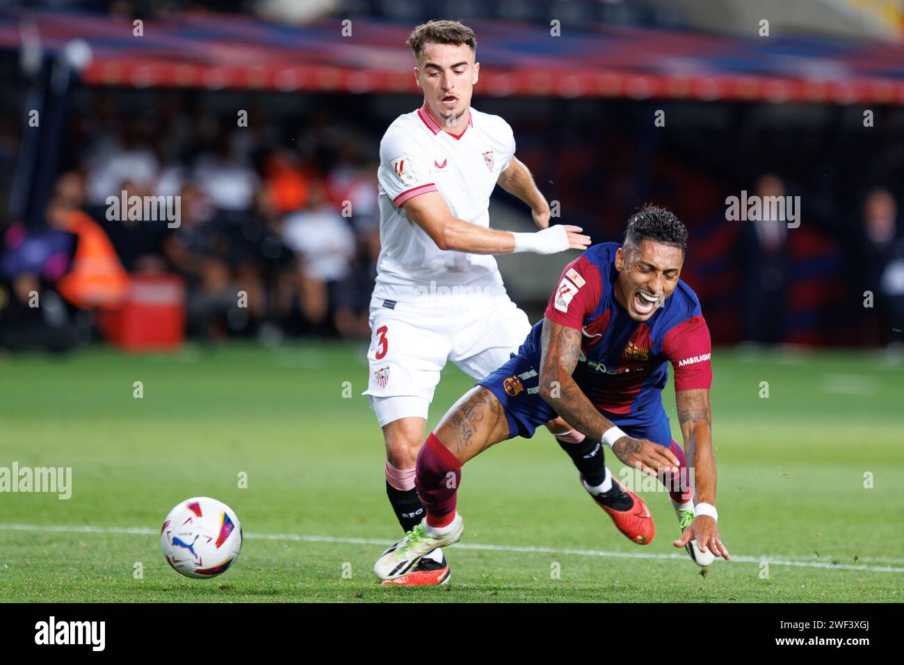 Barcelona, Spain. 29th Sep, 2023. Raphinha (R) and Adri (L) in action ...