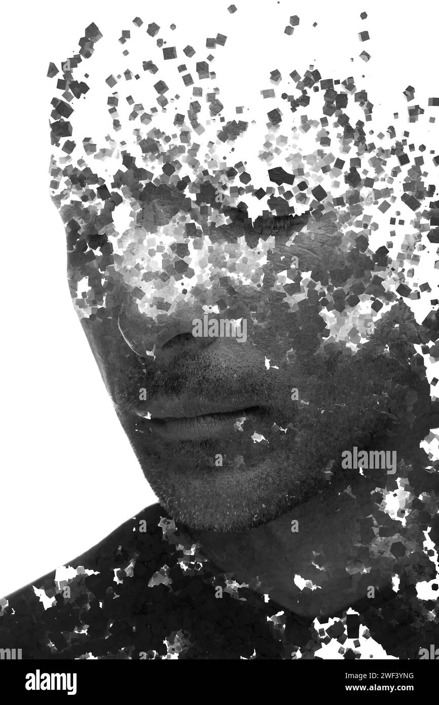 A disappearing black and white double exposure male portrait with 3D ...
