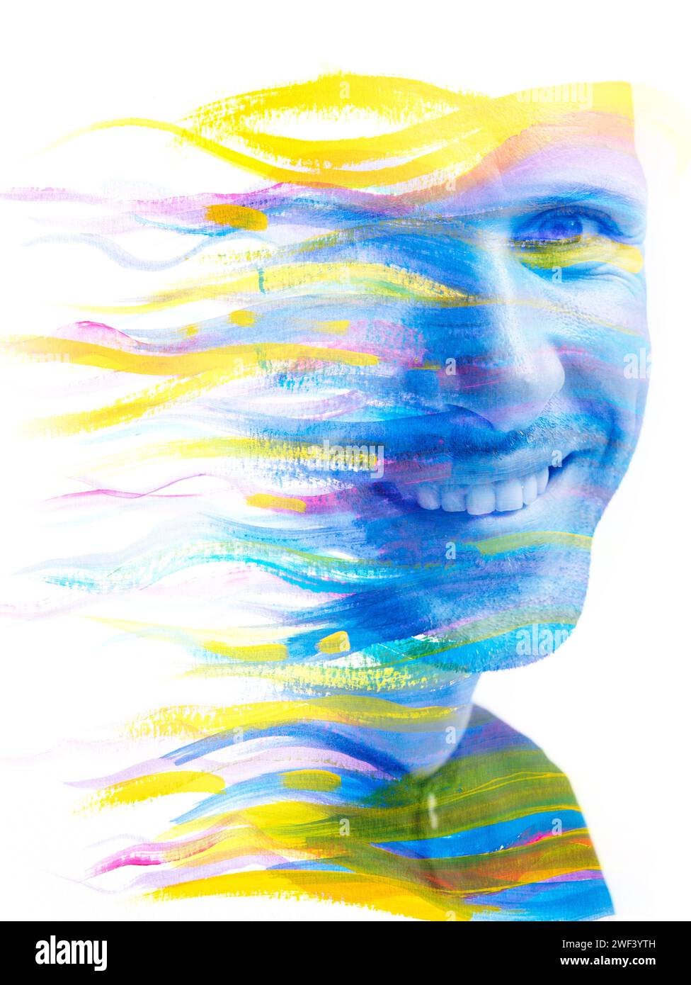 A colorful paintography portrait of a smiling man in double exposure ...