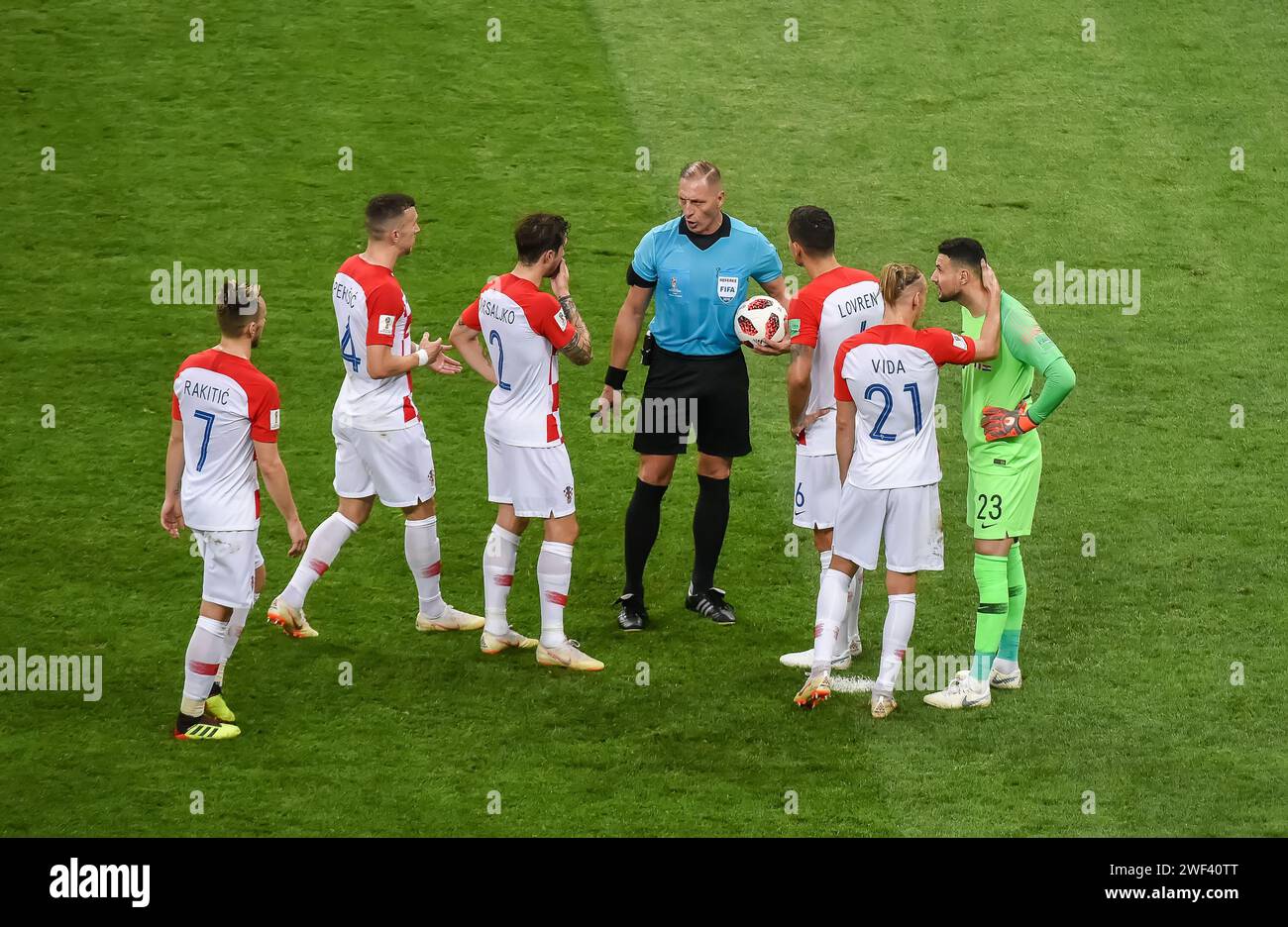 Moscow, Russia – July 15, 2018. Croatia national football team players disputing penalty with Referee Nestor Pitana talking to with during World Cup 2 Stock Photo