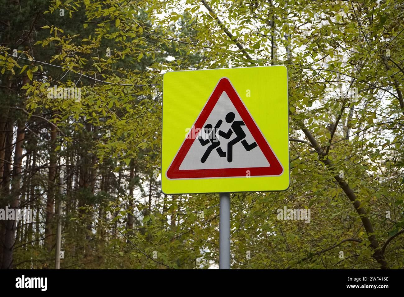 Road sign Denoting Be careful, children, on pole, that is installed near schools. Yellow square, red triangle, white, with the image of running people. Safety, Traffic warning, autumn forest. Stock Photo