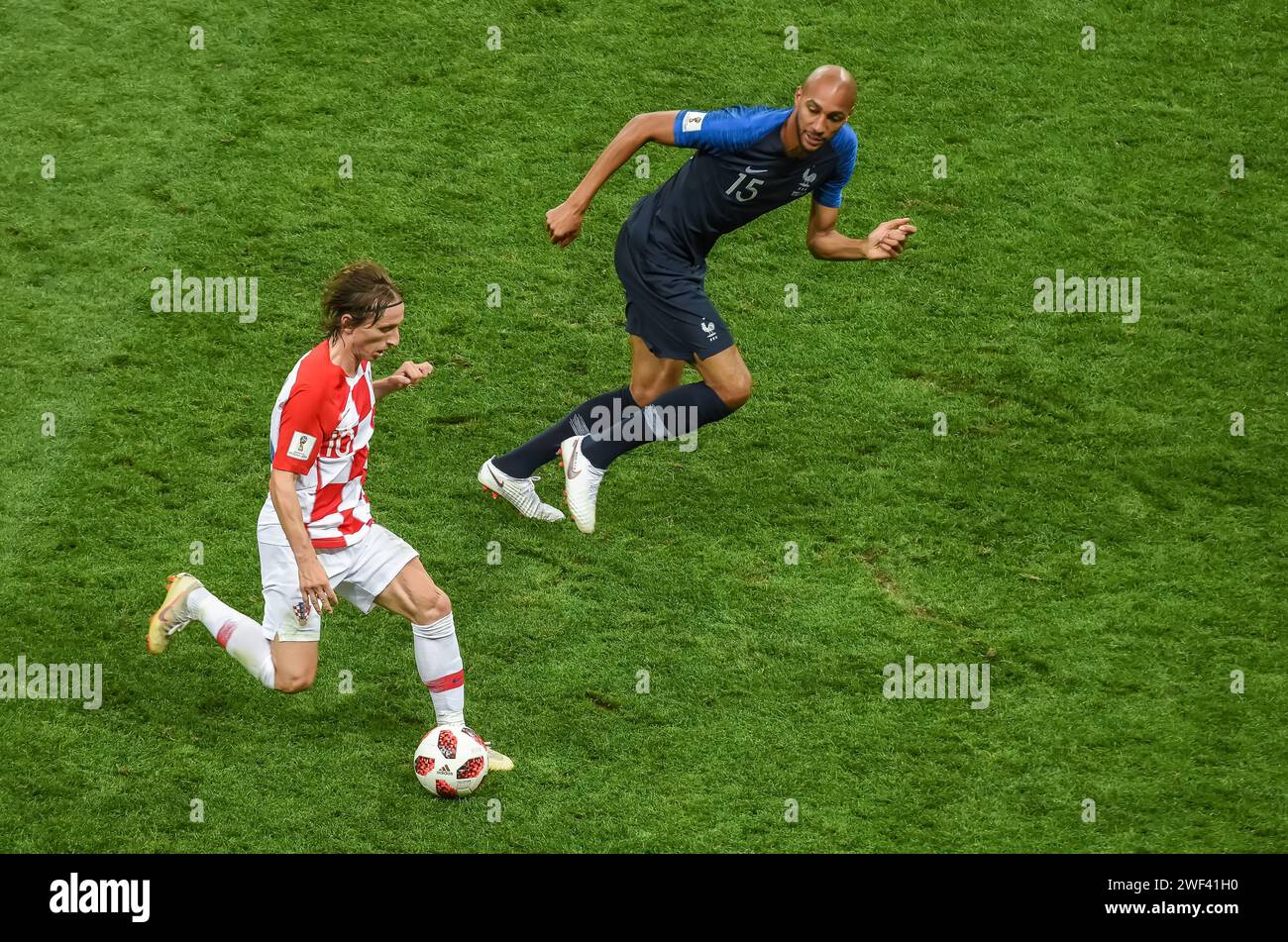 Moscow, Russia – July 15, 2018. Croatia national football team midfielder Luka Modric and France midfielder Steven Nzonzi during World Cup 2018 final Stock Photo