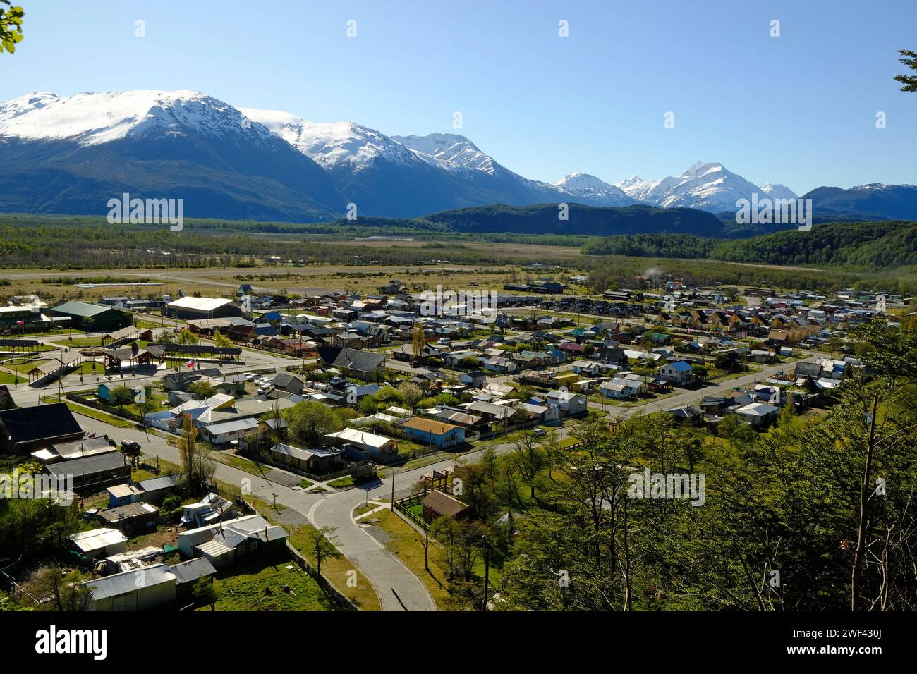 View over Villa O'Higgins from the adjacent hills. The town marks the end of the Carretera Austral in Chile Stock Photo