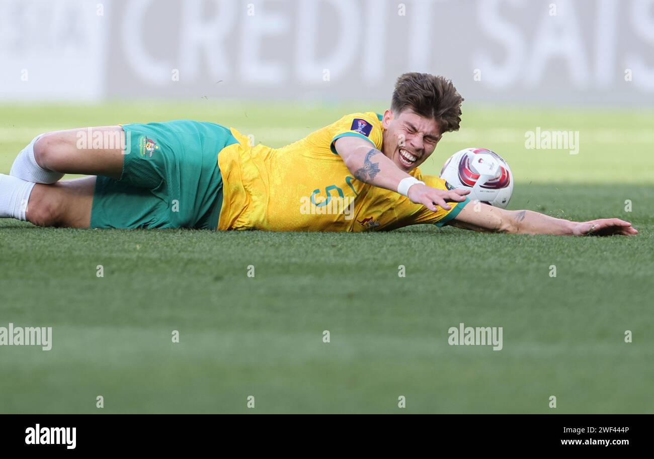 Doha, Qatar. 28th Jan, 2024. Jordan Bos of Australia competes during the round of 16 match between Australia and Indonesia at AFC Asian Cup Qatar 2023 in Doha, Qatar, Jan. 28, 2024. Credit: Ding Ting/Xinhua/Alamy Live News Stock Photo