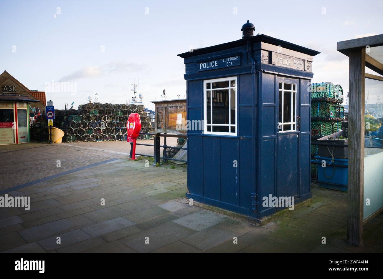 Dr Who type police telephone box on the harbour side at Scarborough Stock Photo